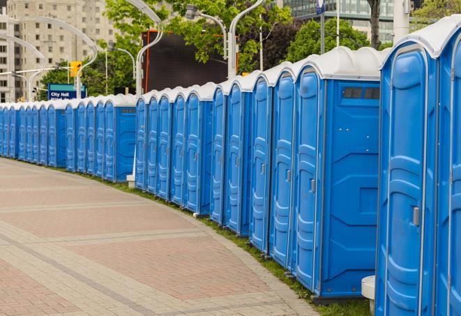 portable restrooms lined up at a marathon, ensuring runners can take a much-needed bathroom break in Hanover